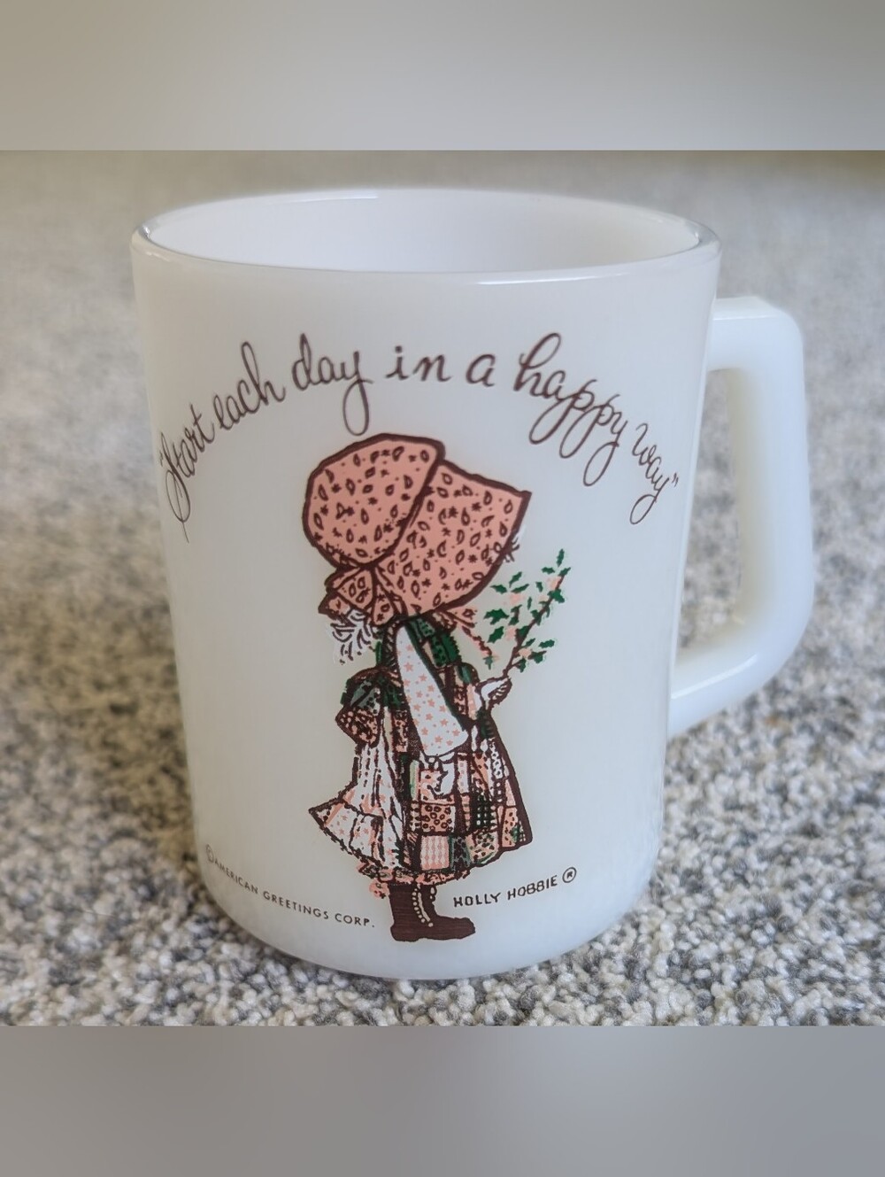 Holly Hobbie 1972 Pink Green Federal Milk Glass Mug Cup Start Each Day Happy Way